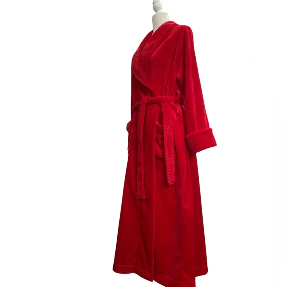 Red Luxurious Plush Faux Fur Belted Bathrobe Lounge Soft Sexy Spa Day Pamper